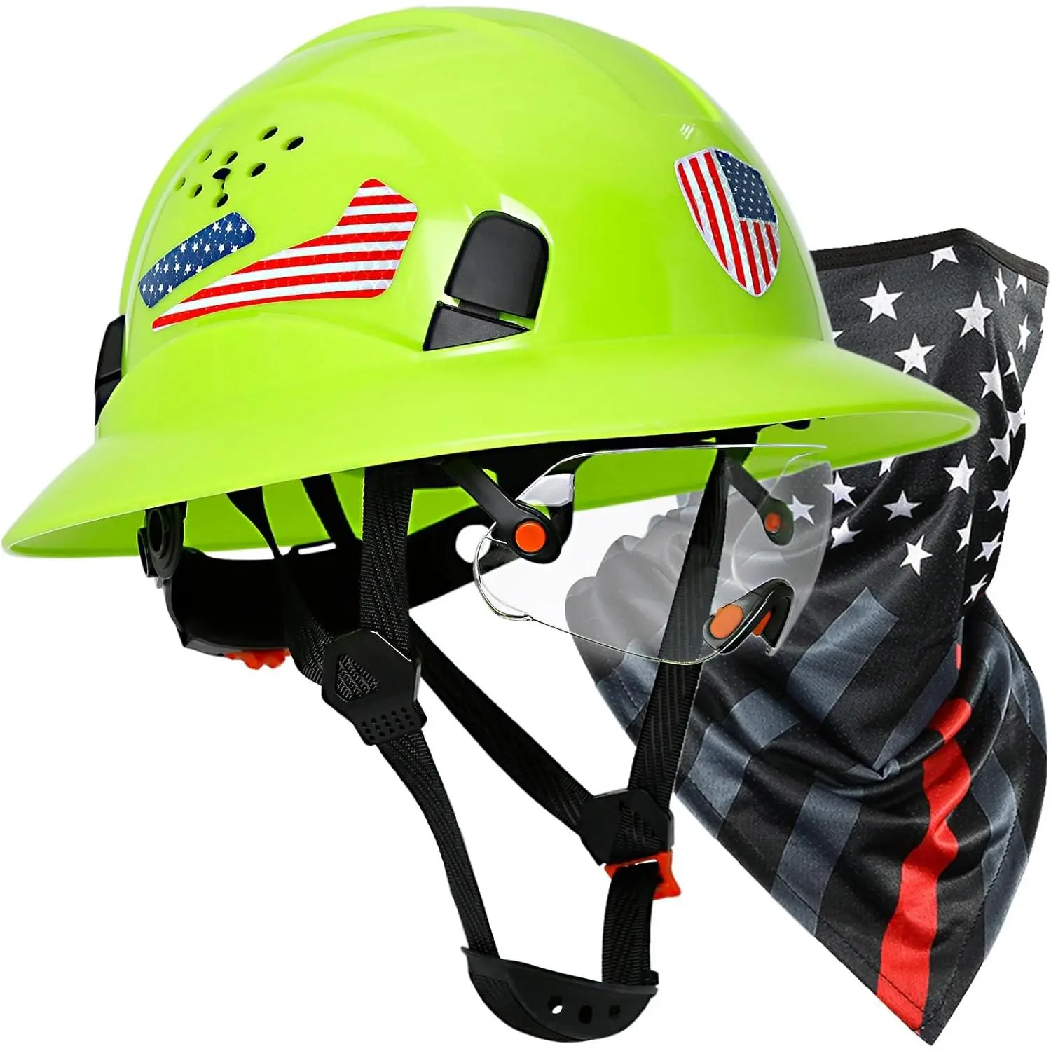 Adult Unisex Full Brim Safety Helmet with HDPE Shell - Vented, Visor, Neck Gaiter, Chin Strap, Reflective Flag Sticker for Gardening, Forestry, Debris Protection, Landscaping, Farming, Transportation, Hi-Viz Stripe, Sun Visor, Ratchet Suspension, Vented A