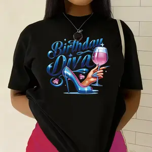Elegant Blue Heels and Glass Cotton T-shirt for Birthday Celebration
