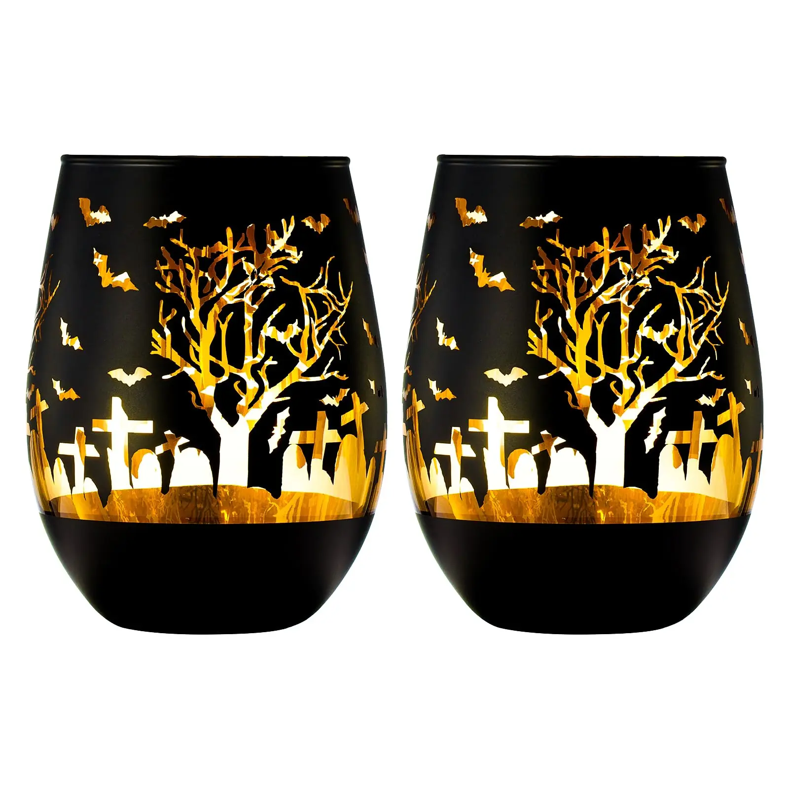 Crystal Stemless Spooky Wine Glasses 2 Set Frosted Black and Gold Ghost Pattern Drinking Cups, Gothic Parties Graveyard Table Décor Fall Seasonal Entertaining and Unique Holiday Gifts 16oz