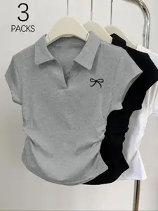 3pcs Women's Casual Fashion Butterfly Pattern Pullover Shirt, Solid Color Pleated Polo Collar, Short Sleeved Three Piece T-Shirt Set Top, Womenswear