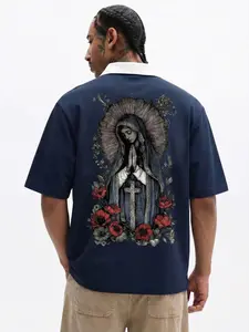 Vintage Gothic Virgin Mary & Floral Cross Graphic Polo Shirt | Unisex Streetwear Loose Fit Tee | Casual Dark Religious Print Top for Daily Wear, Street Fashion, Weekend Hangouts & Summer Vacations, Ideal for Gothic Lovers & Trendsetters