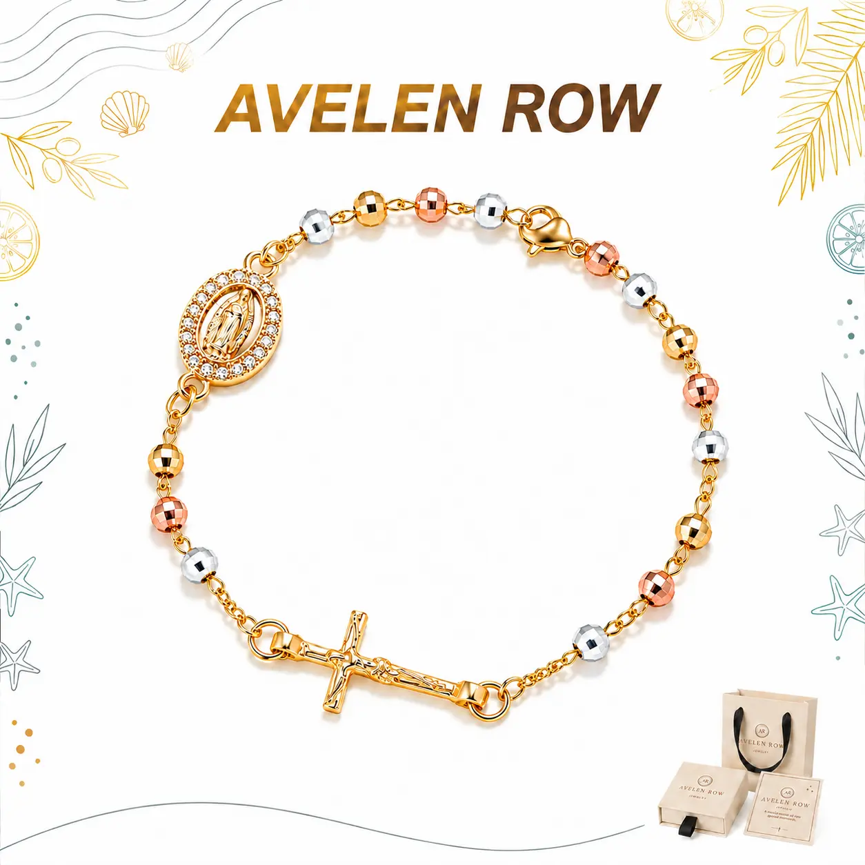 Women's Tri-Color Rosary Bracelet with Faceted Beads, Cross Motif, Virgin Mary Charm - Adjustable Fit Retro Look Religious Faith Bangle, Holiday Gift