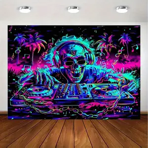 Vibrant Skull DJ Themed Tapestry - Soft Velvet Polyester Wall Art, Psychedelic Music Design for Bedroom & Living Room, Easy to Hang, Ideal Gift, Bold Decor Statement