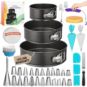 150 count Cake Pan Set for Baking + Cake Decorating Supplies: 3 Round Non Stick Springform Pan Set (4, 7, 9 inches),24 Icing Tips,Cake LevelerMulti-functional Leak-Proof Cake Pans & eBook