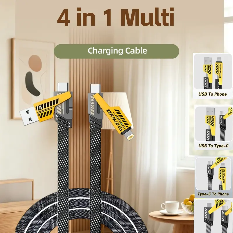 Vibrant Retro 4 in 1 Multi-Function USB Charging Cable -  Fast charge cord Charging/Charger Cable, Data Transfer with USB A + Type C, for Iphone Ipad, Samsung Galaxy Macbook Ipad Tablet, Smartphone Cellphone Device Durable Lightning Electronic