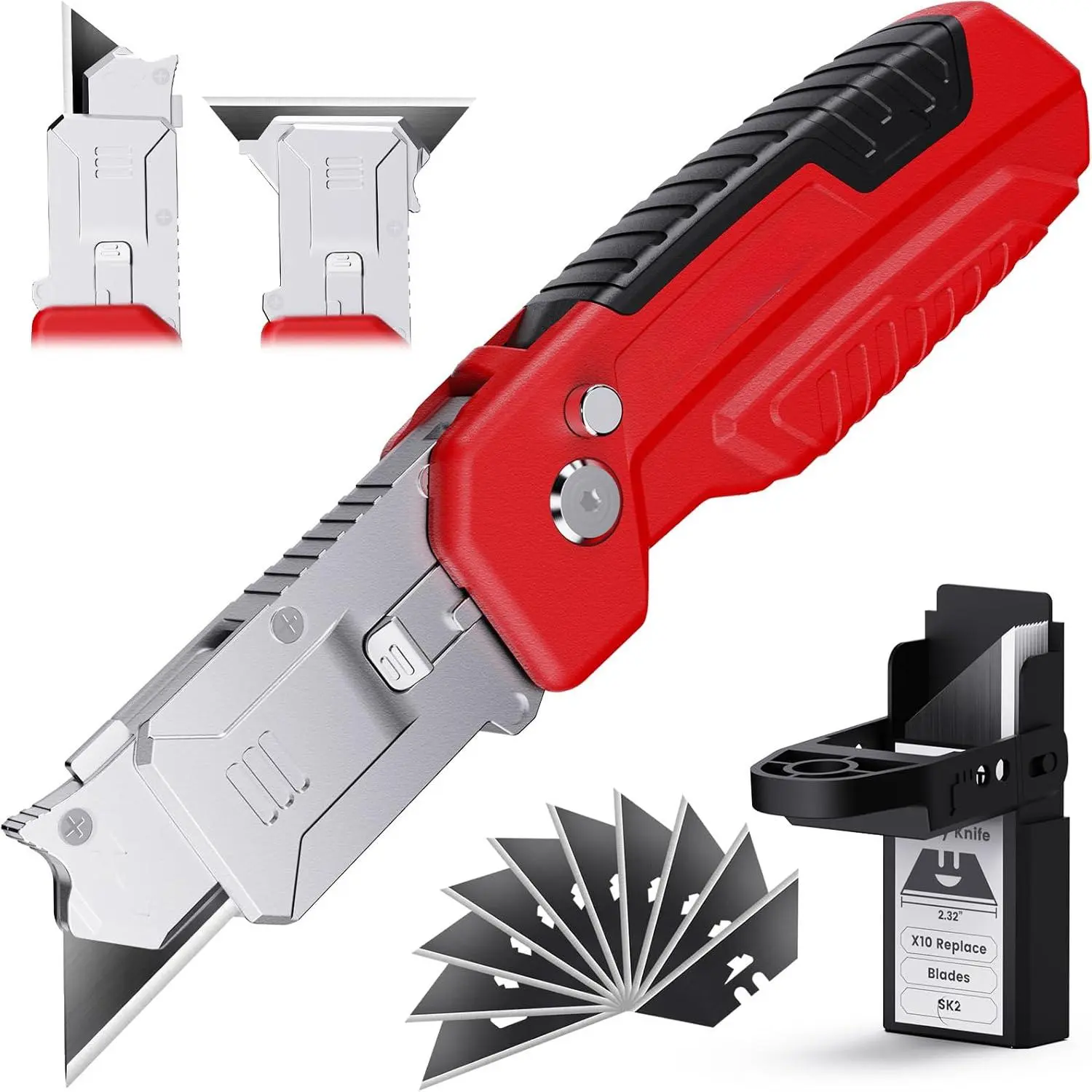2-in-1 Blade-Type Utility Knife with Scraper - Heavy-Duty Zinc Alloy Handle, Retractable, 3-Angle Locking System, 13 Blades Storage, Adult EDC Gear, 3-Year Durability, Home-Office Use for Adhesive/Wallpaper Cuts - Red