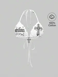 SAMPLEI Y2K Gothic Cross Print Rhinestone Decor Halter Neck Cami Tank Top