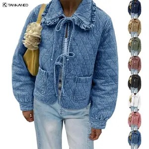 Tankaneo Women's Quilted Denim Puffer Jackets Tie Front Bow Cropped Puffy Jackets Fall Cute Short Jeans Coat