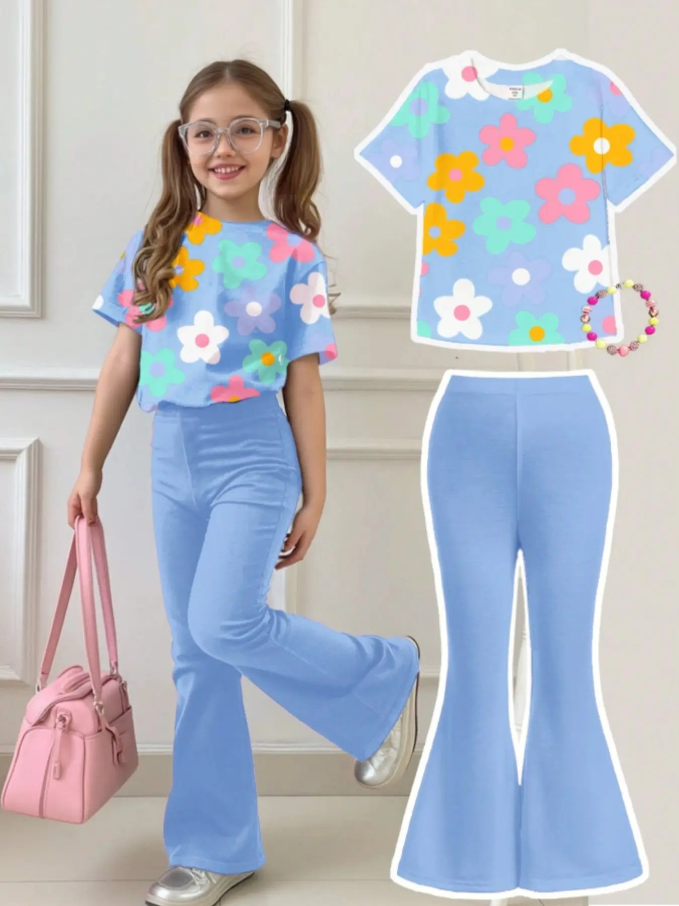 Girls' Casual Cartoon Pattern Round Neck Short Sleeve Top and Bell Bottom Pants Set, Children, Summer Wear, Fitted Style, All Seasons, Casual Fashion Set, Summer Clothes Set, Set Outfit, Summer Outfits Set