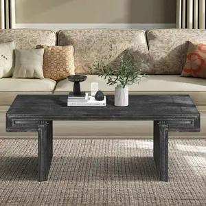 American Vintage Industrial Coffee Table, Premium Reclaimed Wood Texture Rectangular Design, Double-Tier Structure with Rustic Finish, Easy Assembly for Living Room & Office, Antique Black