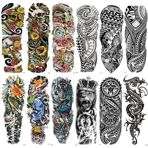 12 Temporary Full Arm Tattoos, Colorful Skull Lion Tiger Fish Tribal Dragon Stickers, Waterproof Realistic Body Art for Men & Women, Temporary Fake Tattoo