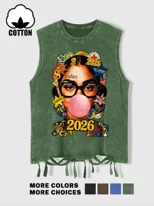 Men's Summer School Graphic Vest, Vintage Washed Street Style, Fitted Backless Design, Perfect for Casual Wear & Daily