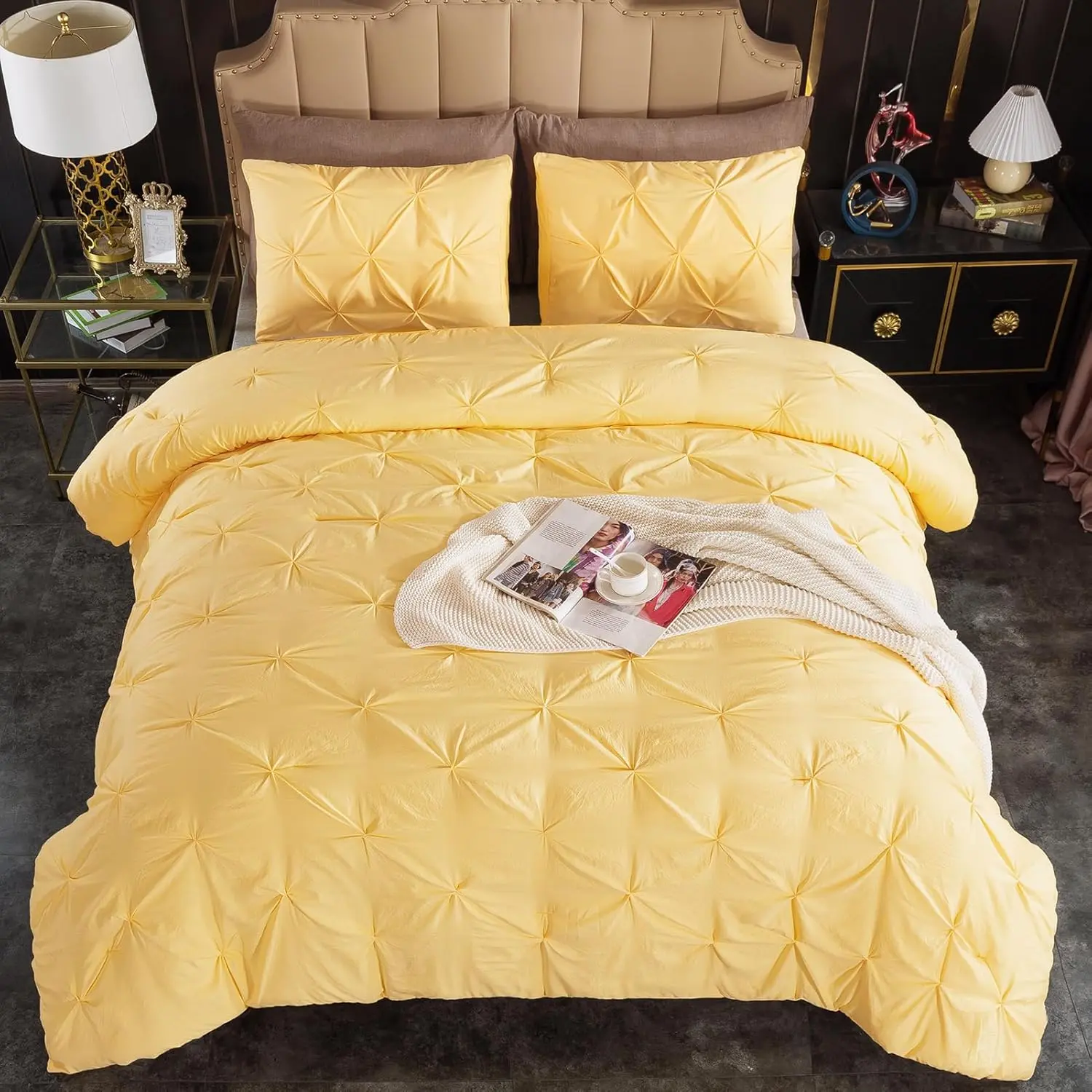 Yellow Pinch Pleated Comforter King(104x90Inch), 3 (1 Pintuck Comforter, 2 Pillowcases) Pintuck Comforter,Microfiber Down Alternative Comforter