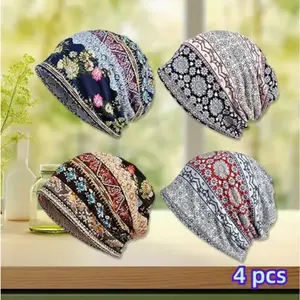 4pcs Soft Cotton Blend Beanies for Men & Women - Lightweight, Easy-Clean Hip-Hop Skull Caps with Stylish Prints - Perfect for Running & Outdoor Activities, Hiphop Apparel | Paisley Design | Easyclean Material, Hip Hop Hat