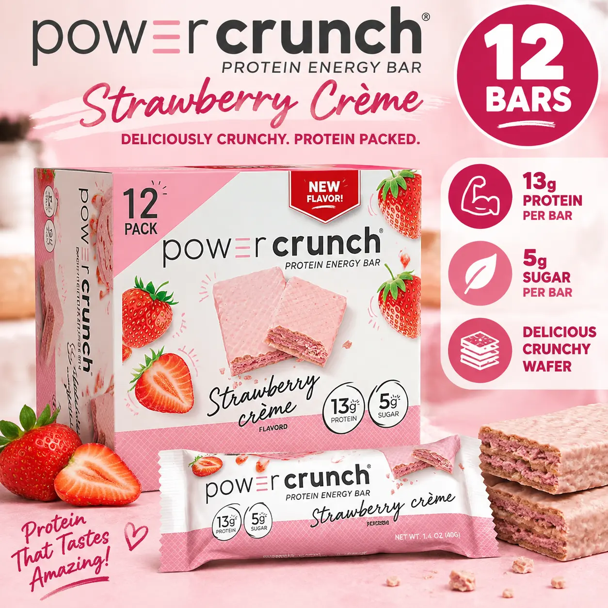 Power Crunch Protein Wafer Bars Strawberry Creme 1.4 oz 12 Count Crispy Protein Snack Bars