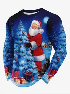 Men's Comfortable Casual Sports 3D Print Santa Claus Round Neck Long Sleeve T-Shirt, Fitted Style, Spring & Fall Fashion