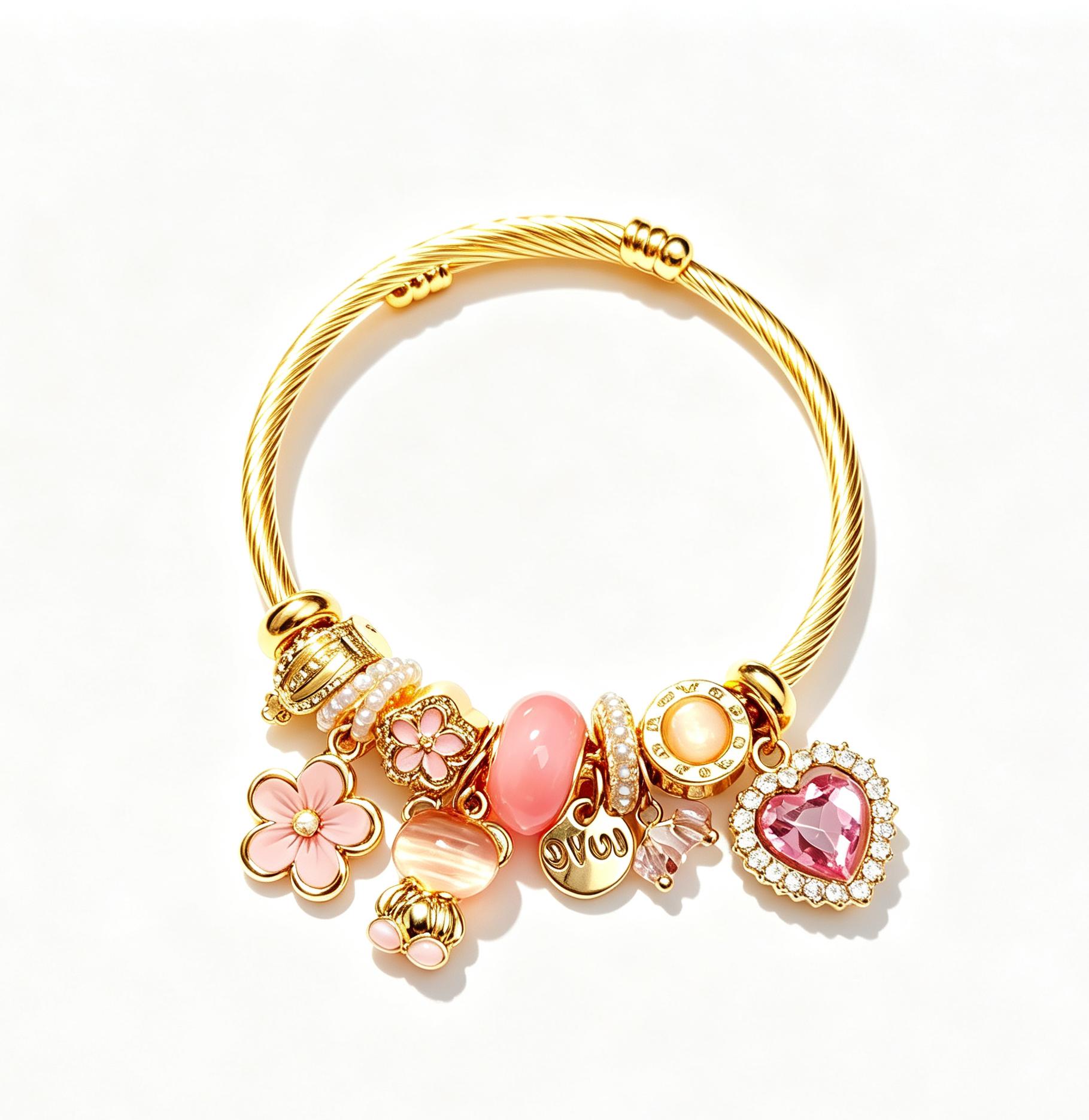 Adjustable Open Cuff Charm Bracelet for Women, 2 Styles Pink & Sky Blue Enamel Bead Bangle with Rhinestone Heart Charms, Gold Twisted Wire Flexible Bracelets Jewelry Gift for Daily Wear