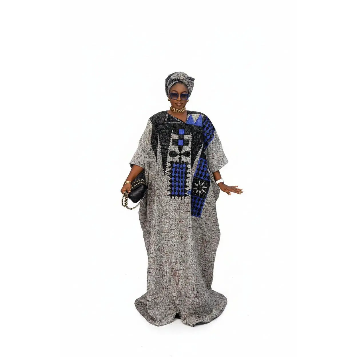 Women's Modest Islamic Luxury Thick Tweed Kaftan Maxi Dress, Featuring Tinko Embroidery Panel and Matching Headwrap