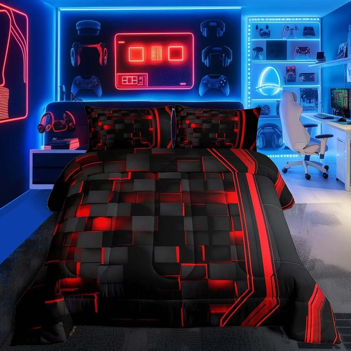 Feelyou Modern Geometric Red and Black Digital Art Line Print Microfiber Duvet Comforter Set - Breathable Multi-Size Kids' Bedding Set for Kids’ Bedrooms, Twin, Toddler, Full