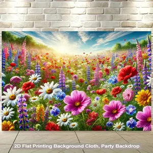 2D Flat, 1pc Vibrant Floral Meadow Backdrop - Sunlit Polyester Fabric with Lush Green Grass & Colorful Flowers, Perfect for Living Room, Bedroom, Office, or Party Decor, Wall-Mounted Design, Party Backdrop | Serene Landscape | Durable Fabric, Flower