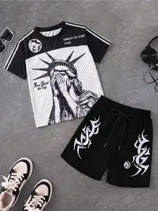 2026 Viral NYC Aesthetic Matching Set, Men's Y2K Streetwear Co-Ord with "Embrace the Future" Slogan & Tribal Thorn Shorts, Lightweight 2-Piece Outfit for Hip Hop & Casual Style