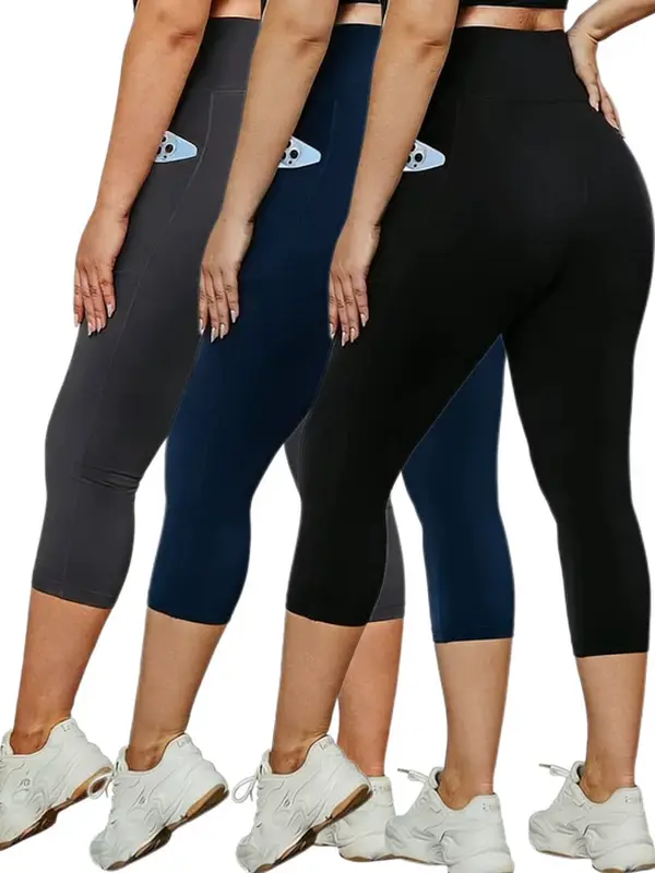 Women's Plus Size Basics Capri Leggings 3-Pack - High Waist Tummy Control, Pockets, Female Athletic Yoga Pants (2XL, 5XL Available)
