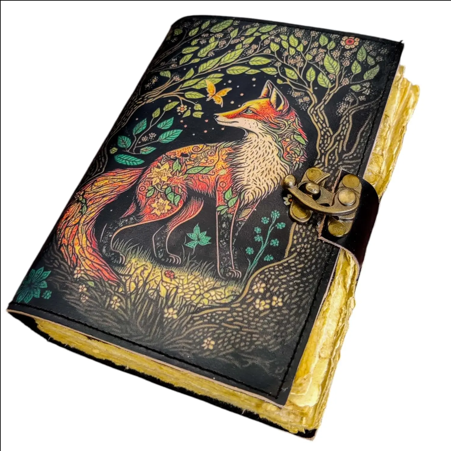 Fox Blank Spell Book of Shadows Leather Journal with Lock Clasp   Diary Celestial Grimoire gothic Tarot Prayer Pagan  Supplies  Decor Notebook (7 X 5)