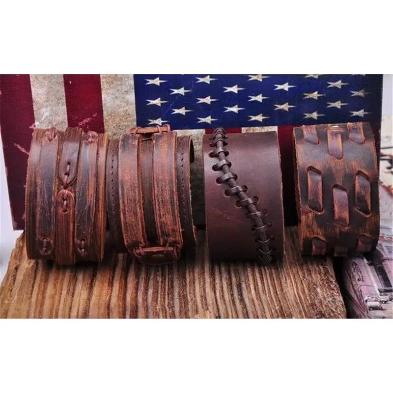 Lot 4pc Punk Cool Vintage Leather Bracelet Wristband Wide Cuff Mens Brown