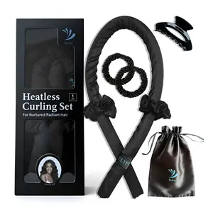 Heatless Curlers, No Heat Curls Overnight, Black Satin Flexi Rod with 6pcs Heatless Curling Set, 2 Scrunchies, 2 Hair Ties, Carry Pouch, Clip for Overnight Hair Curler (Black, All Size)