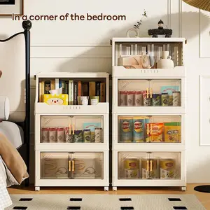 2/3/4/5-Tier Multi-Functional Folding Storage Cabinet—Features open shelves and ample storage space for organizing and storing items in living rooms, bedrooms, closets, kitchens, offices, and dorm rooms—Space-saving and easy-to-assemble storage unit