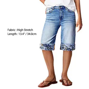 Flamingals Wash Roll Hem Embroidery Mid Waist Bermuda Shorts
