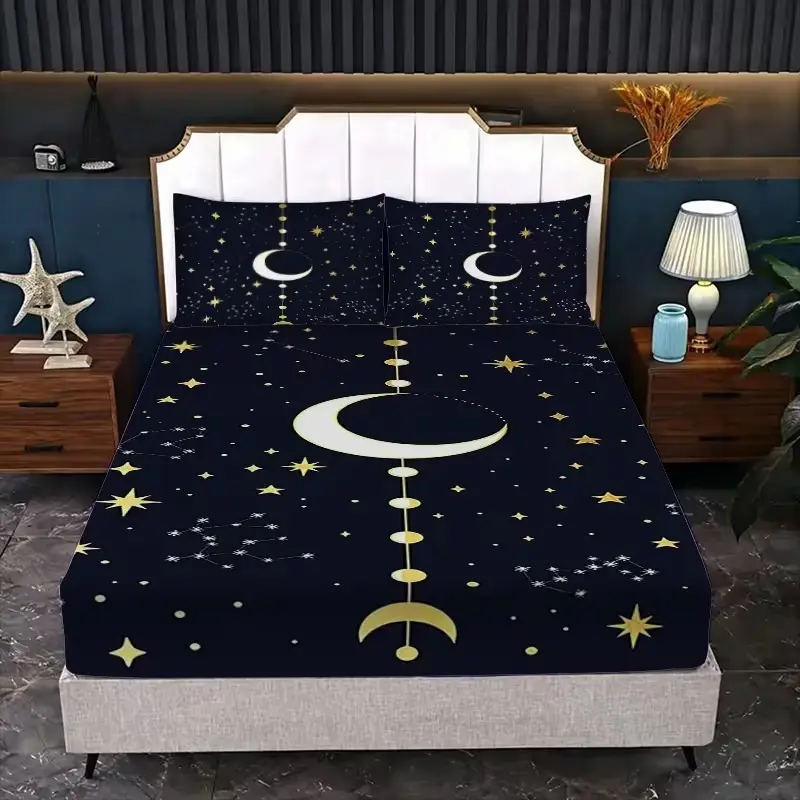 Mysterious Constellation Moon Bed Sheet Set (1 * Bed Sheet+2 * Pillowcase, Core free) Digital Printed Soft and Breathable, Suitable for Bedrooms, Rooms, Home Furnishings, Daily Use