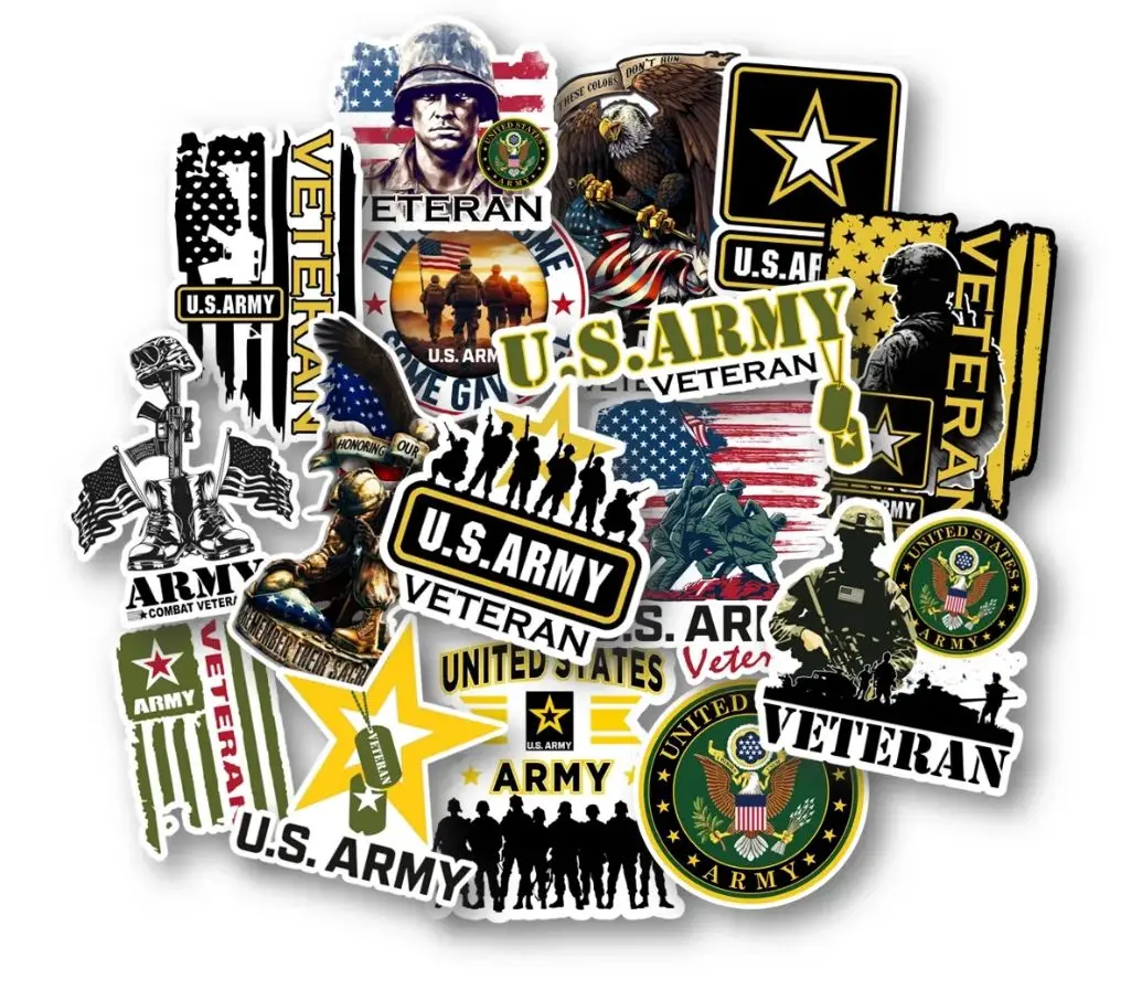15-Piece U.S. Army Vet Vinyl Decal Sticker Sheets, 2.5"-3" Hard Hat/Tool Box/Car Exterior Stickers, Military Flair Accessories for Veteran Enthusiasts