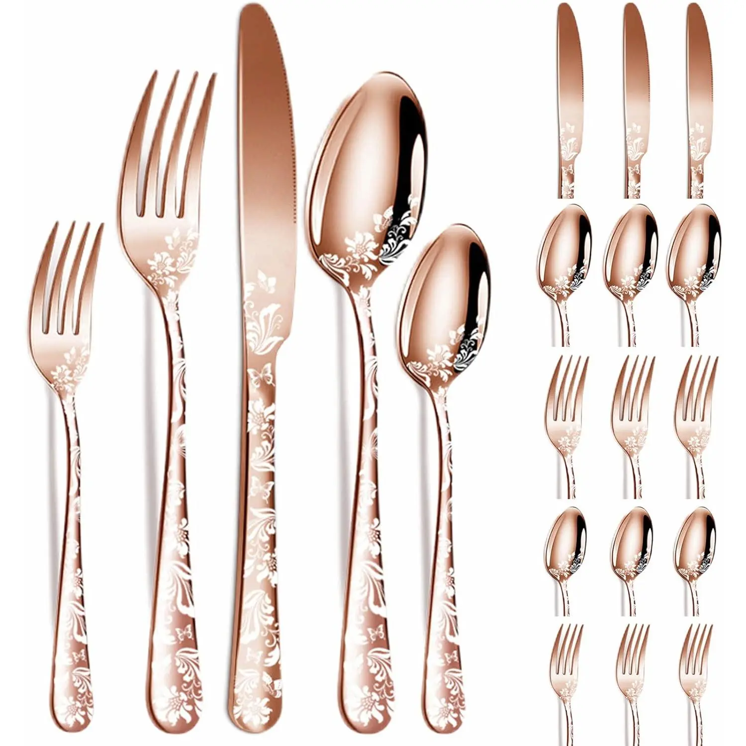 20 piece Unique Pattern Design Silverware Set, Stainless Steel Flatware Set Service for 4, Rose gold Cutlery Set, Mirror Polished Utensil Set for Kitchen, Dishwasher Safe