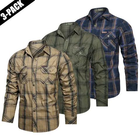 Men’s fall outfit vibe, Western style; 100% cotton long-sleeve striped shirt with pearl buttons; plaid long-sleeve shirt; premium fabric, classic fit men’s top; men’s multi-pocket tactical long-sleeve shirt