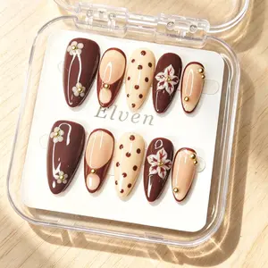 Neutral Brown & Cream Floral Polka Dots Almond Shape Press On Nails with Gold Accents and Flower Details
