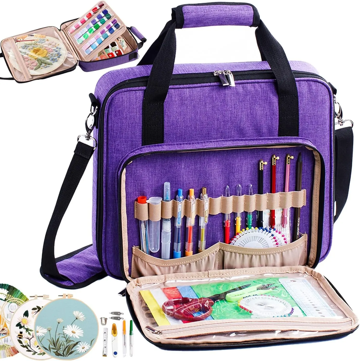Large Embroidery Project Bag - Cross Stitch Supplies Organizer - Embroidery Kits Bag - Storage & Organizer for Floss, Loops