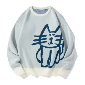 2026 #SummerVibes Jacquard Cat Crew Neck Sweater Unisex Autumn Winter Loose Fit Pullover Elegant Polyester Casual Knitwear
