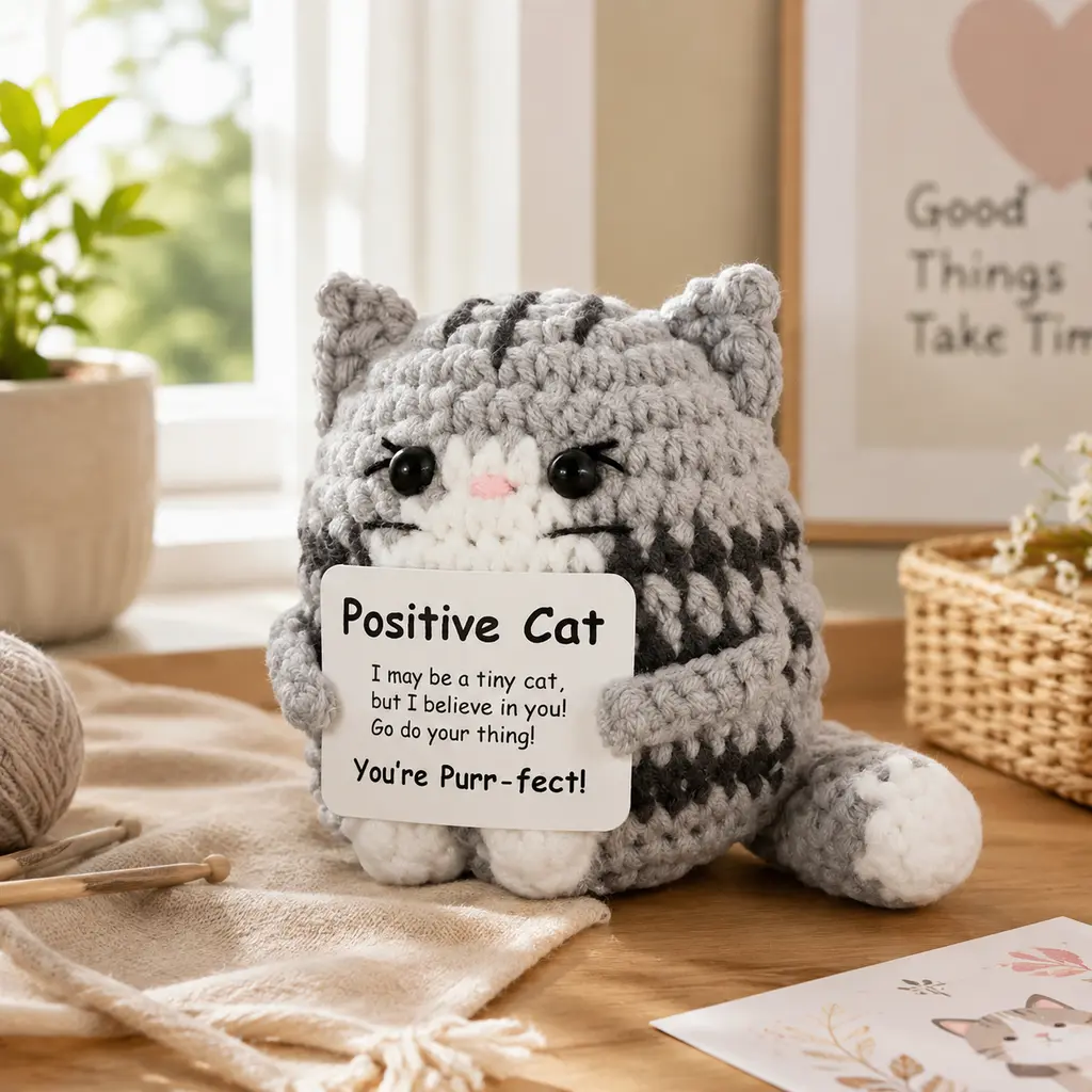 Birthday Gift for Women – Positive Cat Crochet Plush Doll, Handmade Knitted Encouragement Cat Toy with Positive Affirmation Card, Cute Emotional Support Gift for Friends, Mini Inspirational Desk Decor