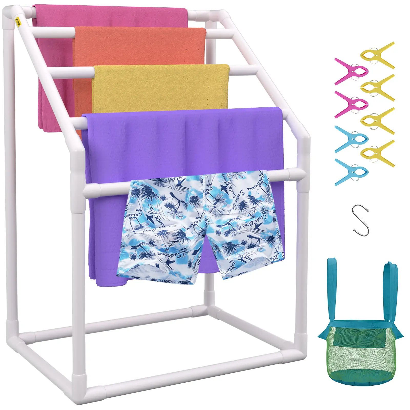 【BackToSchool】VEVOR Freestanding Pool Laundry Towel Rack Hanger, 5-Bar White Collapsible Outdoor PVC Organizer, 37in(L)x24in(W)x50in(H), 55lbs Steel-Enhanced, W/8 Towel Clips, Mesh Bag, Hook, Stores Floats/Paddles, for Pool, Beach, Laundry Accessories, St