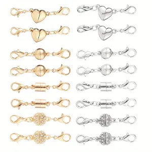 16pcs Heart Round & Cylinder Magnetic Necklace Clasps with Lobster Clasp Extender Connector - Magnetic Necklace Clasp for Jewelry Necklace Bracelet Extender Hook, Diy Jewelry Making Findings