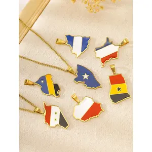 Geometric Country Flag Map Pendant Necklace with Stainless Steel Chain - Stylish Costume Jewelry for Daily Wear