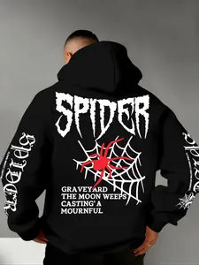 Men's Fall Winter Spider Print Hoodie, Comfortable Skin-Friendly Fabric, Casual Fitted Design, Windproof Hooded Sweatshirt