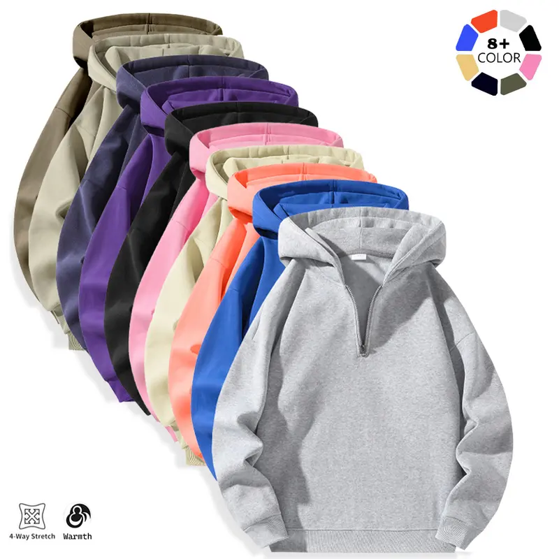 Men's Minimalist Fitted Half-Zip Hoodie Sweatshirt - Menswear Plain Polyester Medium Length Long Sleeve Tops, Machine Wash, Casual Pull-On, Winter Halloween Wear, Black, Gray, Navy Blue