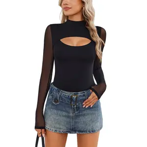 Avidlove Women Long Sleeve Thong Bodysuit Turtle Neck Shapewear Sexy Mesh Top Double Lined Cutout Shirt XS-2XL