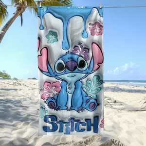 Disney Stitch Four Beach Towel with Floral Design and Character Face for Fun at the Beach Featuring Stitch's Adorable Face and Tropical Flowers
