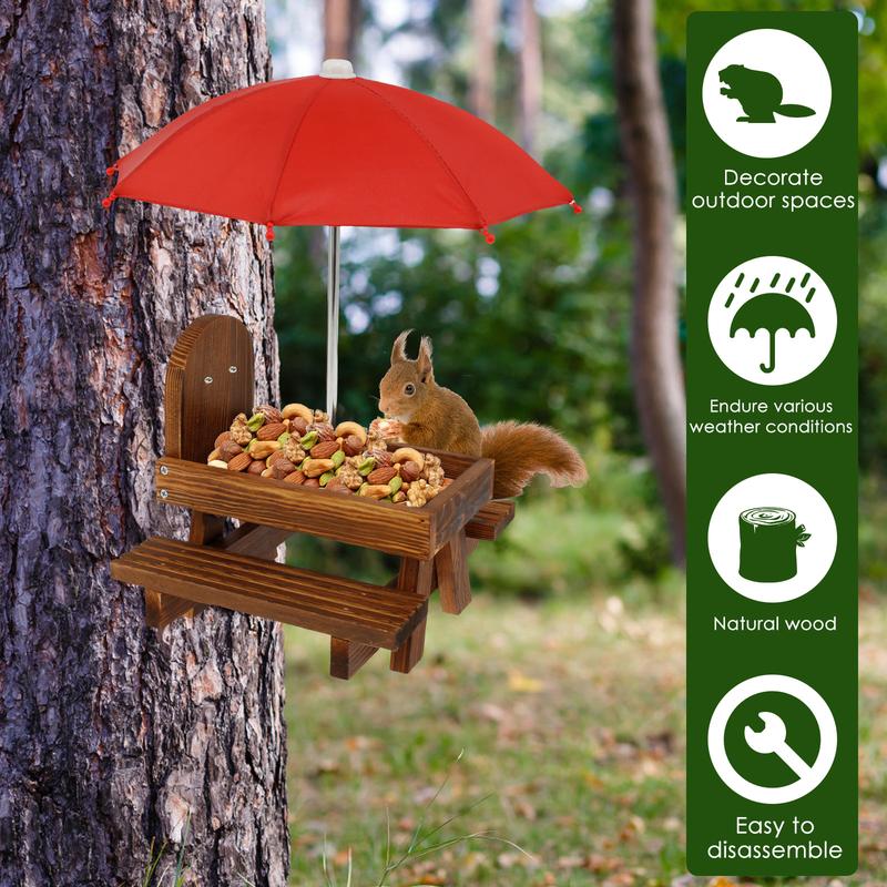 Wood Squirrel Feeder with Red Umbrella Carbonized Squirrel Picnic Table Waterproof Chipmunk Feeder Funny Squirrel Feeder Picnic Table for Squirrel Gift