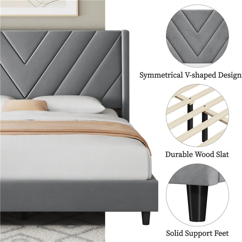 【Valentine Gift】Yaheetech Upholstered Bed Frame Full/Queen with Wooden Slat Support, No Box Spring Needed, Durable Construction, Easy Assembly Diamond Tufted Headboard