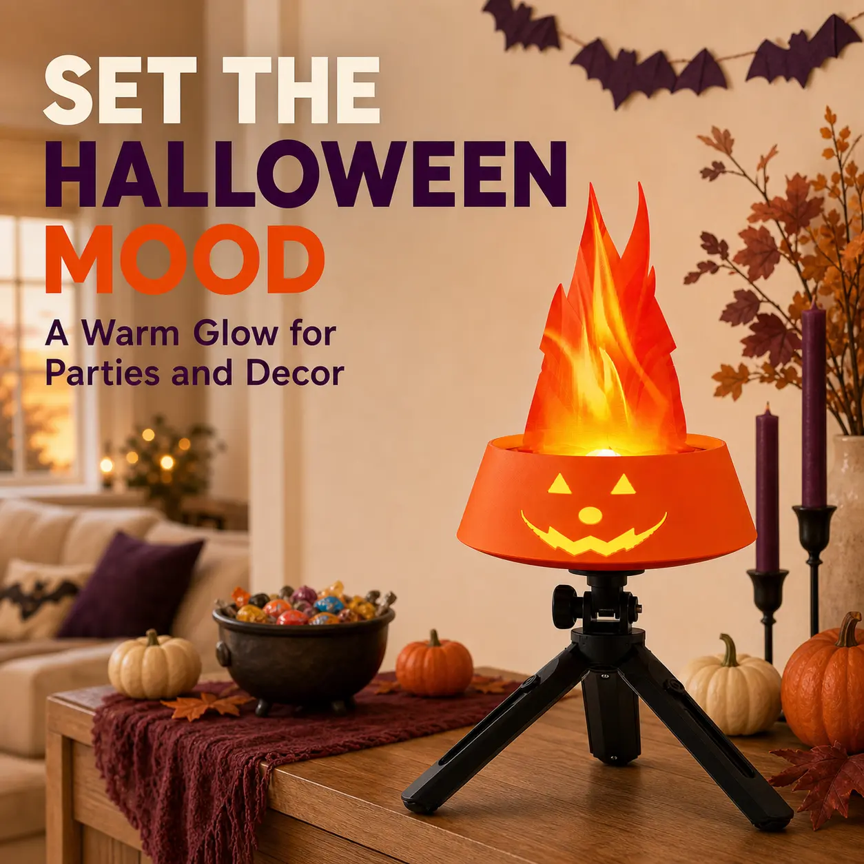Rechargeable Halloween Fake Flame Pumpkin Light, LED Simulated Fire Lantern with Hanging Chain and Folding Stand for Party and Party Decor