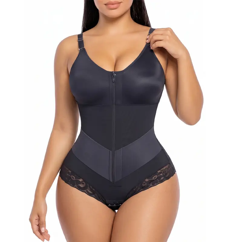 YIANNA #Livestream V-Shaped Bodysuit Shapewear for Women Tummy Control Fajas Colombianas with Front Zipper, Adjustable Straps & Lace Trim Brief Bottom Zipper Shaper Bodysuit Colombiano Faja
